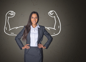 Leverage Your Team's Strengths - A business woman smiling with white muscle arms raising in the background